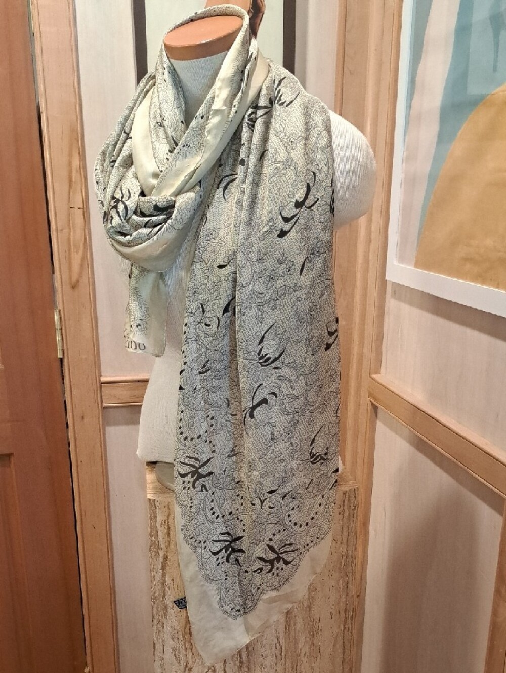 Valentino Black and Ivory Silk Floral Wrap Scarf